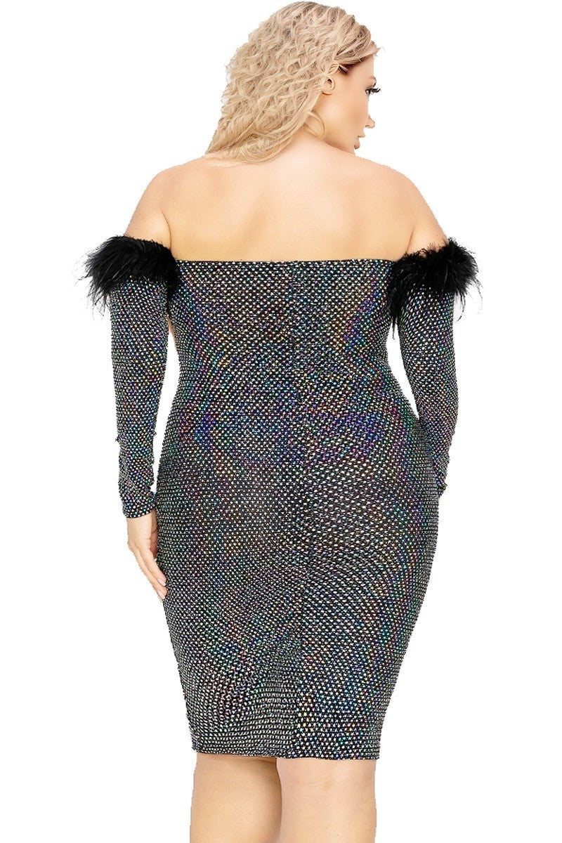 Women's Plus Off Shoulder Feather Trim Detail Sequin Dress