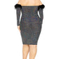 Women's Plus Off Shoulder Feather Trim Detail Sequin Dress