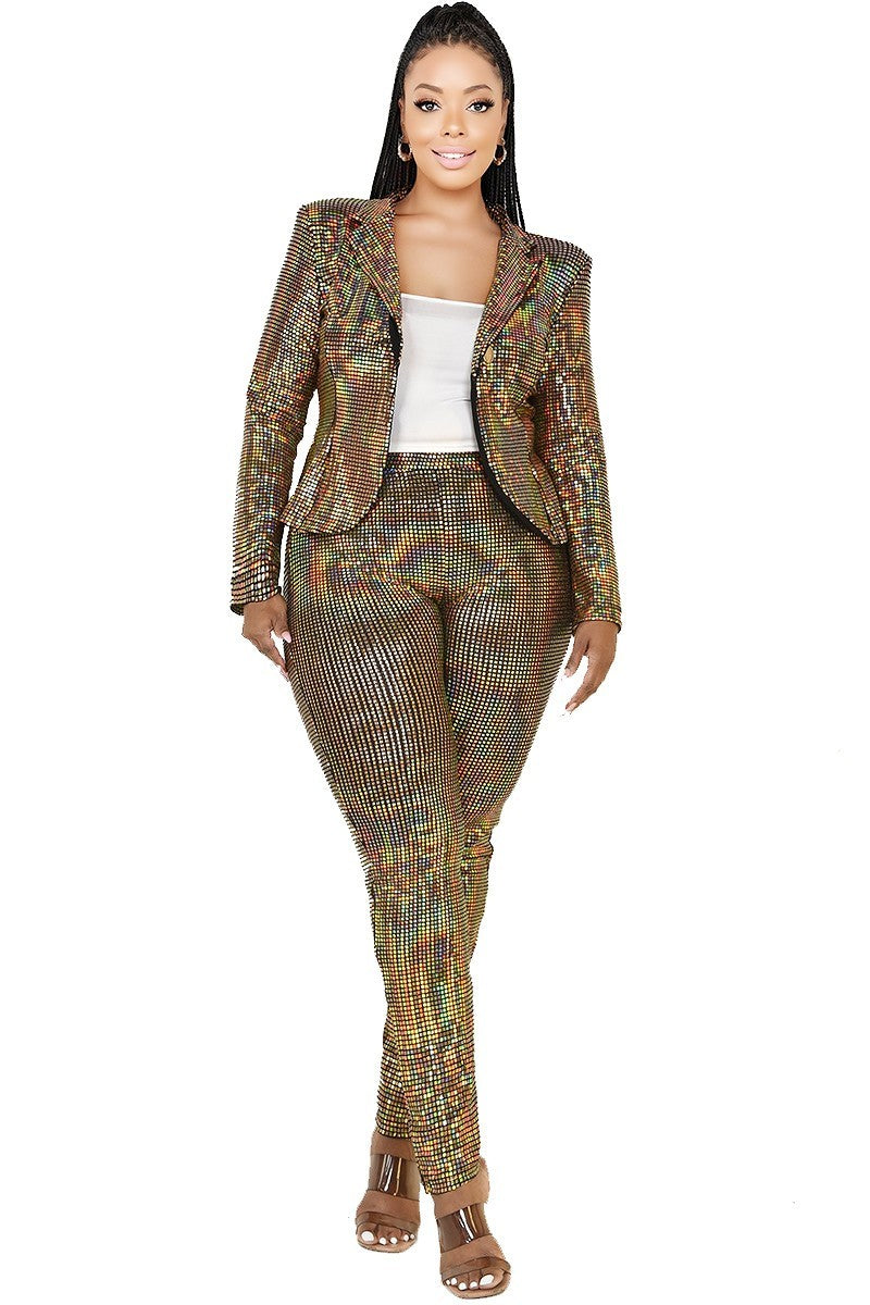 Women's Plus Disco Sparkling Metallic Sequins Two Piece Jacket Set (1X & 2X Only)