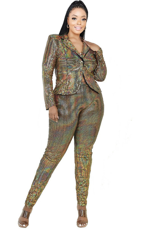 Women's Plus Disco Sparkling Metallic Sequins Two Piece Jacket Set (1X & 2X Only)