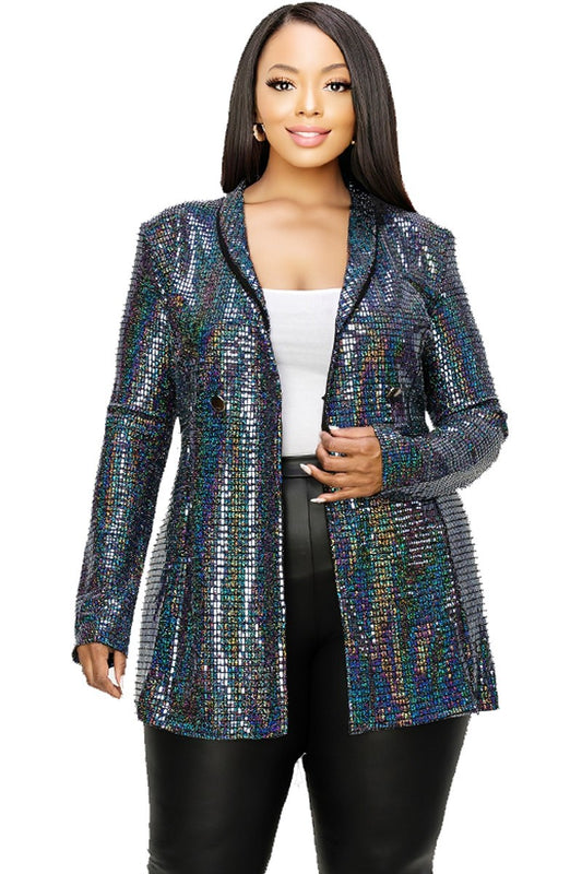 Women's Plus Disco Metallic Sequins Double Breasted Blazer (1X Only)