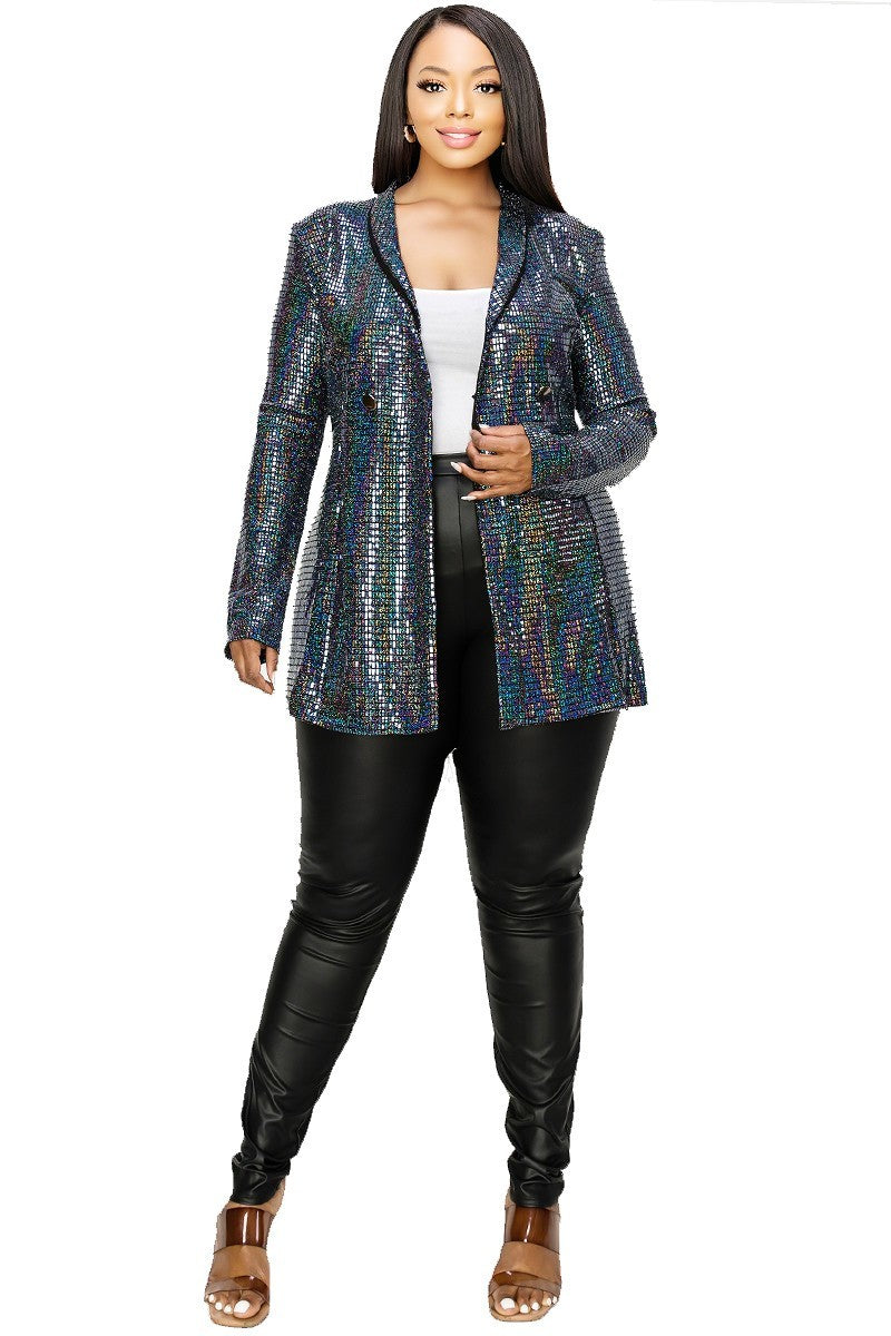 Women's Plus Disco Metallic Sequins Double Breasted Blazer (1X Only)