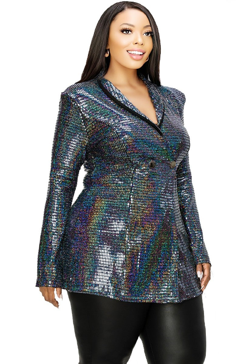 Women's Plus Disco Metallic Sequins Double Breasted Blazer (1X Only)