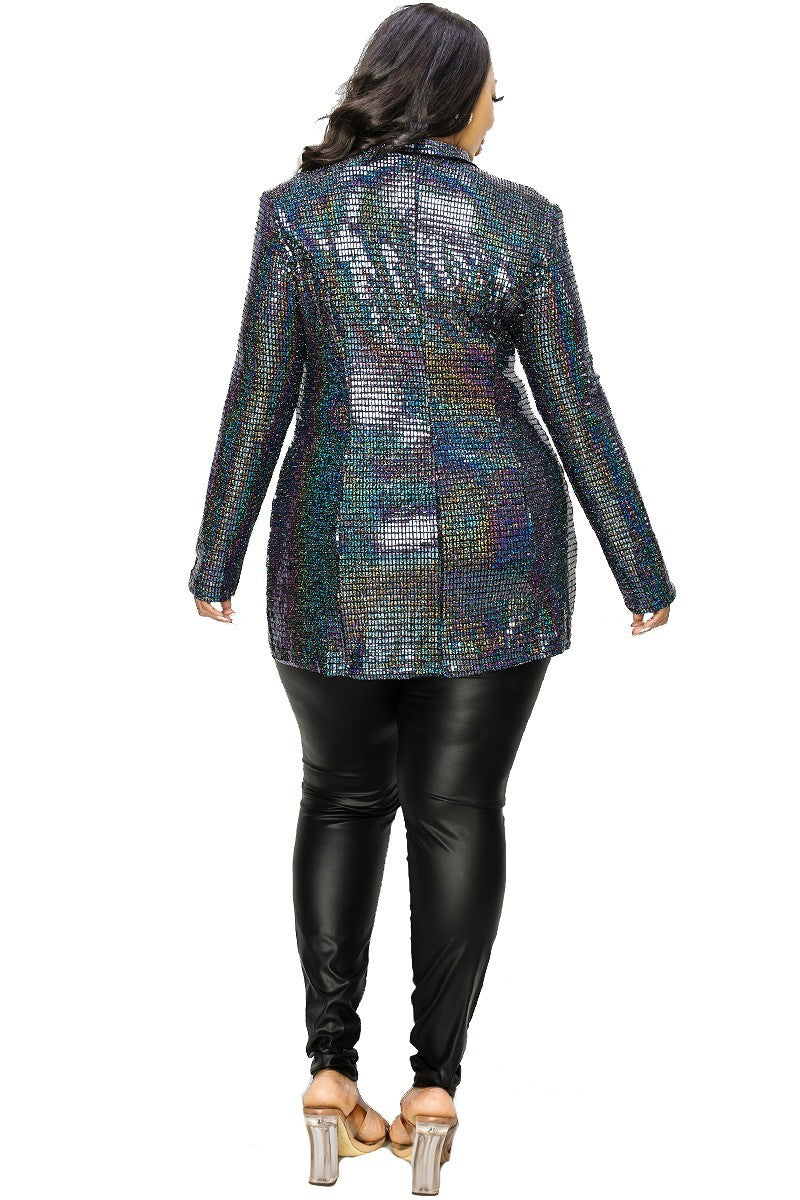 Women's Plus Disco Metallic Sequins Double Breasted Blazer (1X Only)