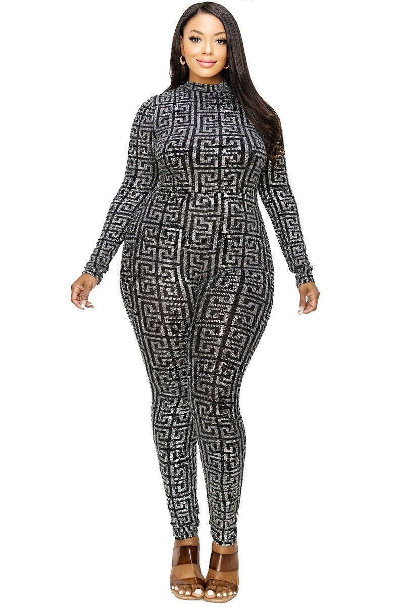 Women's Plus Geo Pattern Glitter Printed Jumpsuit (2X & 3X Only)
