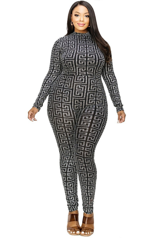Women's Plus Geo Pattern Glitter Printed Jumpsuit (2X & 3X Only)