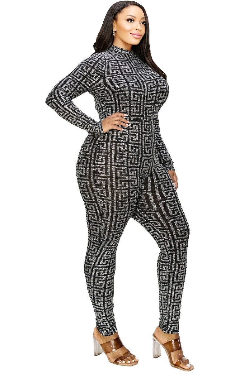 Women's Plus Geo Pattern Glitter Printed Jumpsuit (2X & 3X Only)