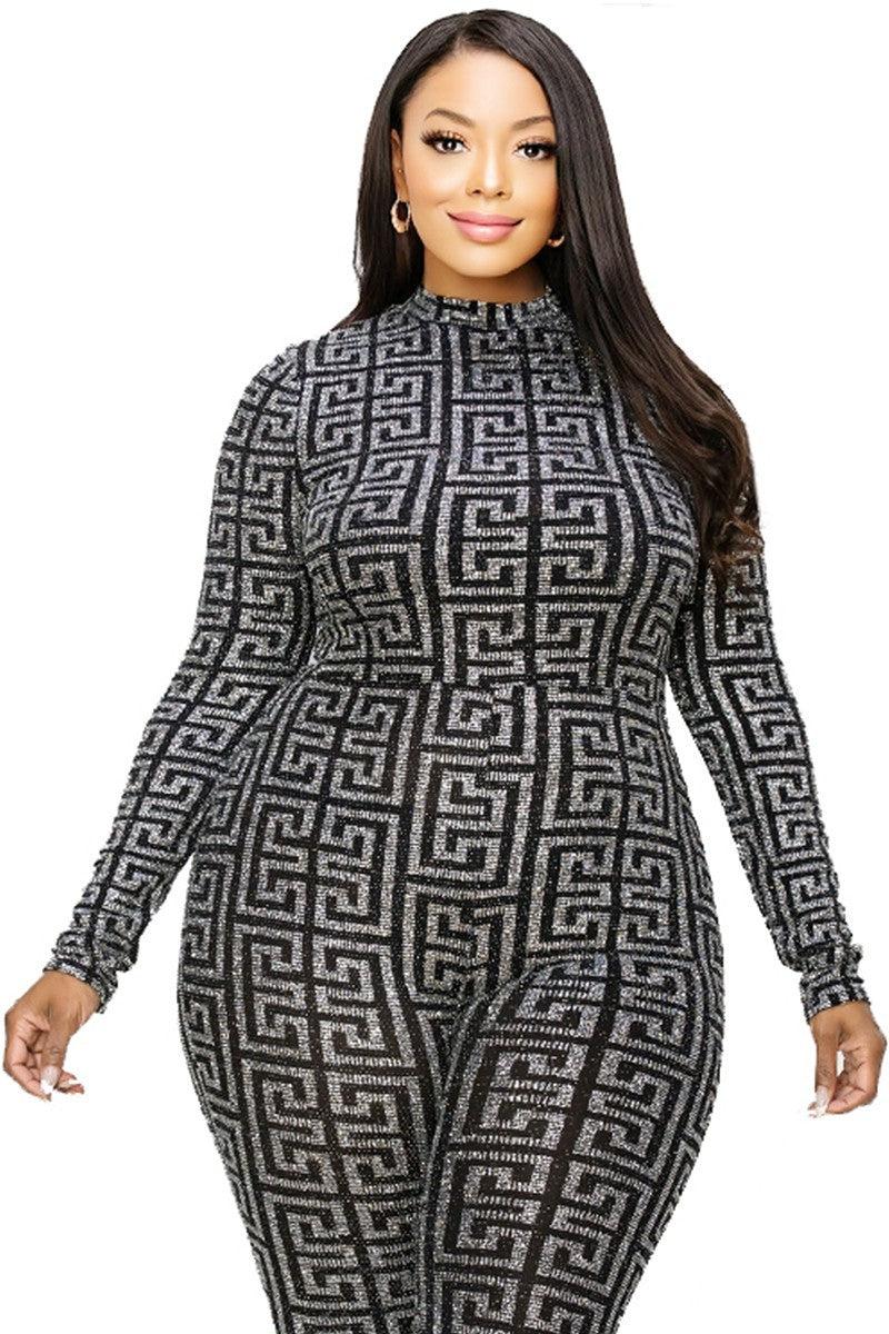 Women's Plus Geo Pattern Glitter Printed Jumpsuit (2X & 3X Only)
