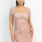 Women's Ruched Square Neck Mesh Sleeve Dress