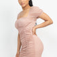 Women's Ruched Square Neck Mesh Sleeve Dress