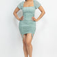 Women's Ruched Square Neck Mesh Sleeve Dress