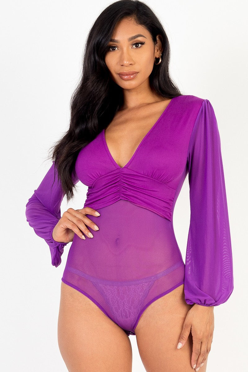 Women's Mesh long sleeve deep v-neck bodysuit