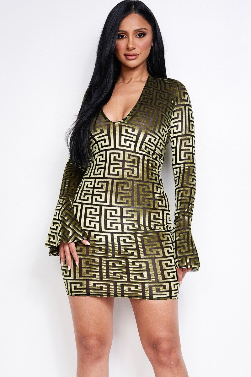 Women's Burnout Velvet V Neck Line Bell Sleeve Dress