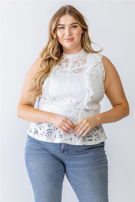 Women's Plus Lace Mesh Ruffle Detail Sleeveless Flare Hem Top