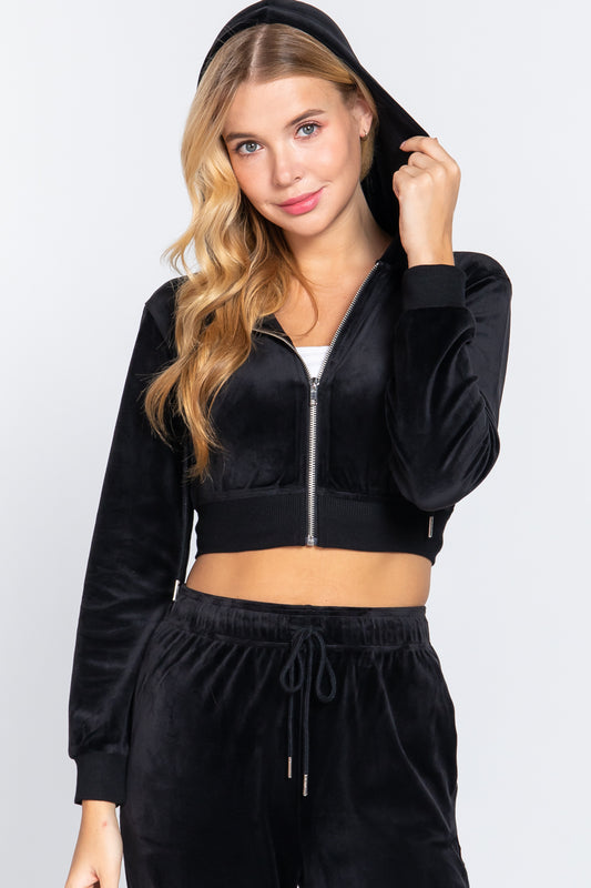 Women's Long Sleeve Velour Hoodie Crop Jacket