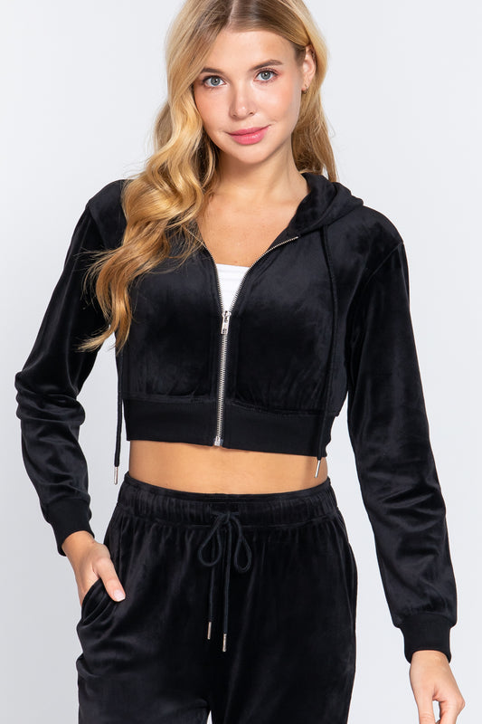 Women's Long Sleeve Velour Hoodie Crop Jacket