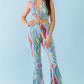 Women's Multicolor Abstract Print Halter V-neck Ruched Open Back Crop Top & High Waist Pants Set