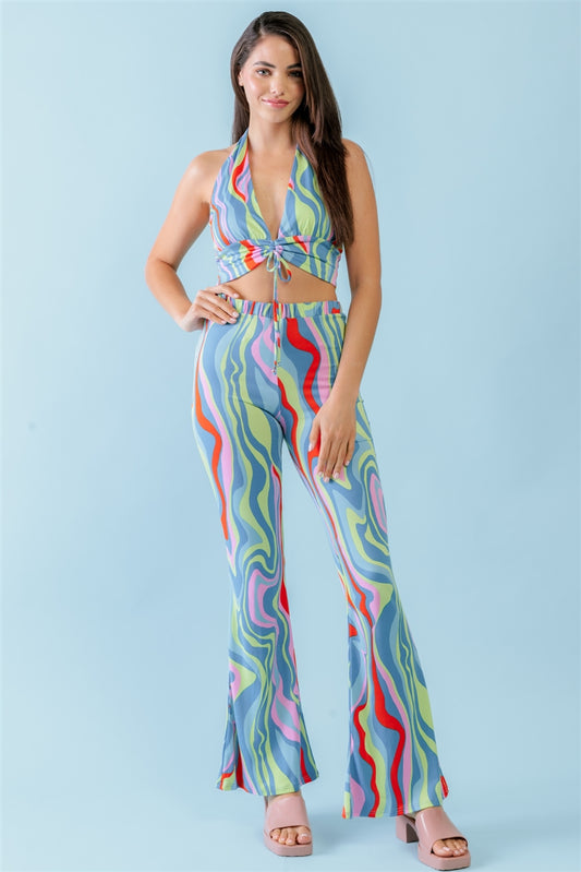 Women's Multicolor Abstract Print Halter V-neck Ruched Open Back Crop Top & High Waist Pants Set