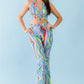Women's Multicolor Abstract Print Halter V-neck Ruched Open Back Crop Top & High Waist Pants Set