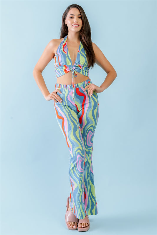 Women's Multicolor Abstract Print Halter V-neck Ruched Open Back Crop Top & High Waist Pants Set