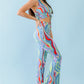 Women's Multicolor Abstract Print Halter V-neck Ruched Open Back Crop Top & High Waist Pants Set