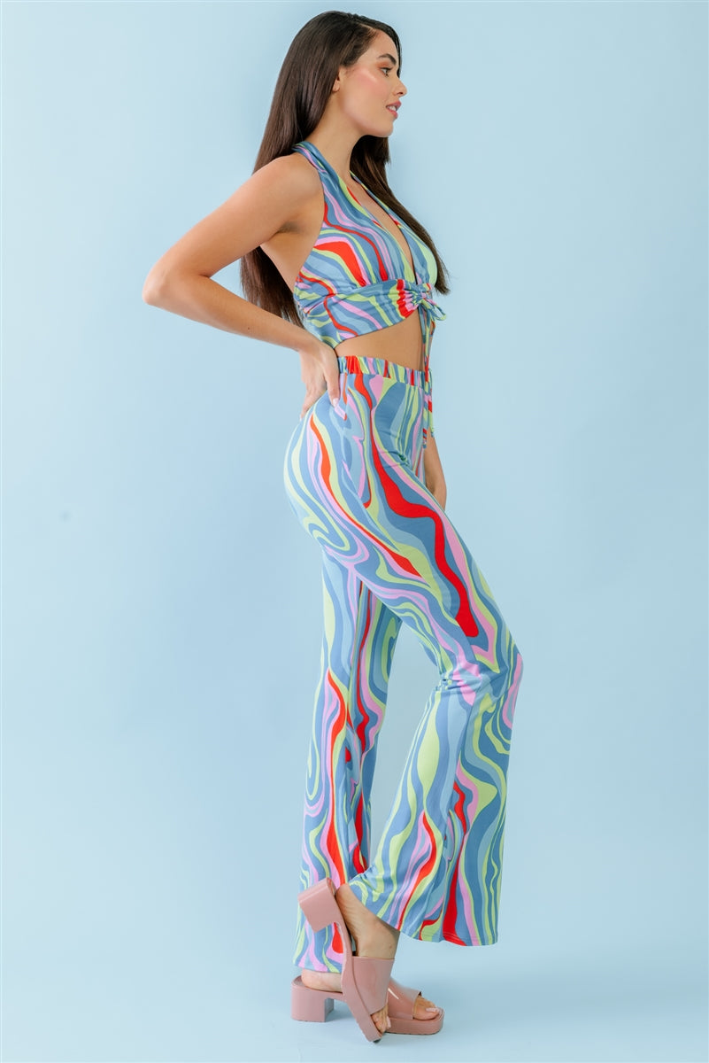 Women's Multicolor Abstract Print Halter V-neck Ruched Open Back Crop Top & High Waist Pants Set