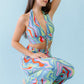 Women's Multicolor Abstract Print Halter V-neck Ruched Open Back Crop Top & High Waist Pants Set