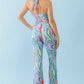 Women's Multicolor Abstract Print Halter V-neck Ruched Open Back Crop Top & High Waist Pants Set
