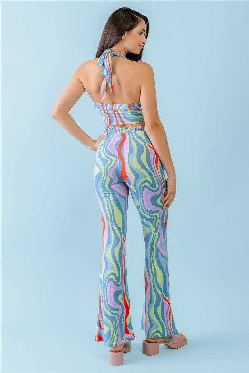 Women's Multicolor Abstract Print Halter V-neck Ruched Open Back Crop Top & High Waist Pants Set