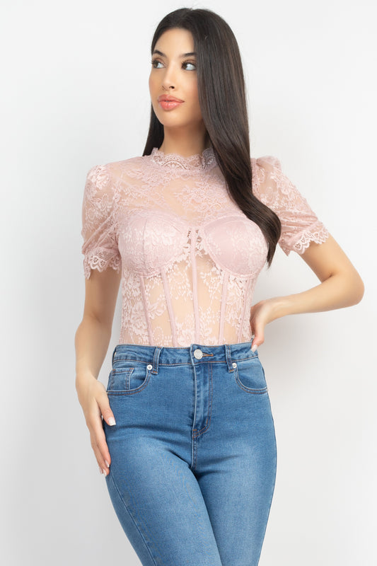 Women's Floral Lace Corset Keyhole Bodysuit