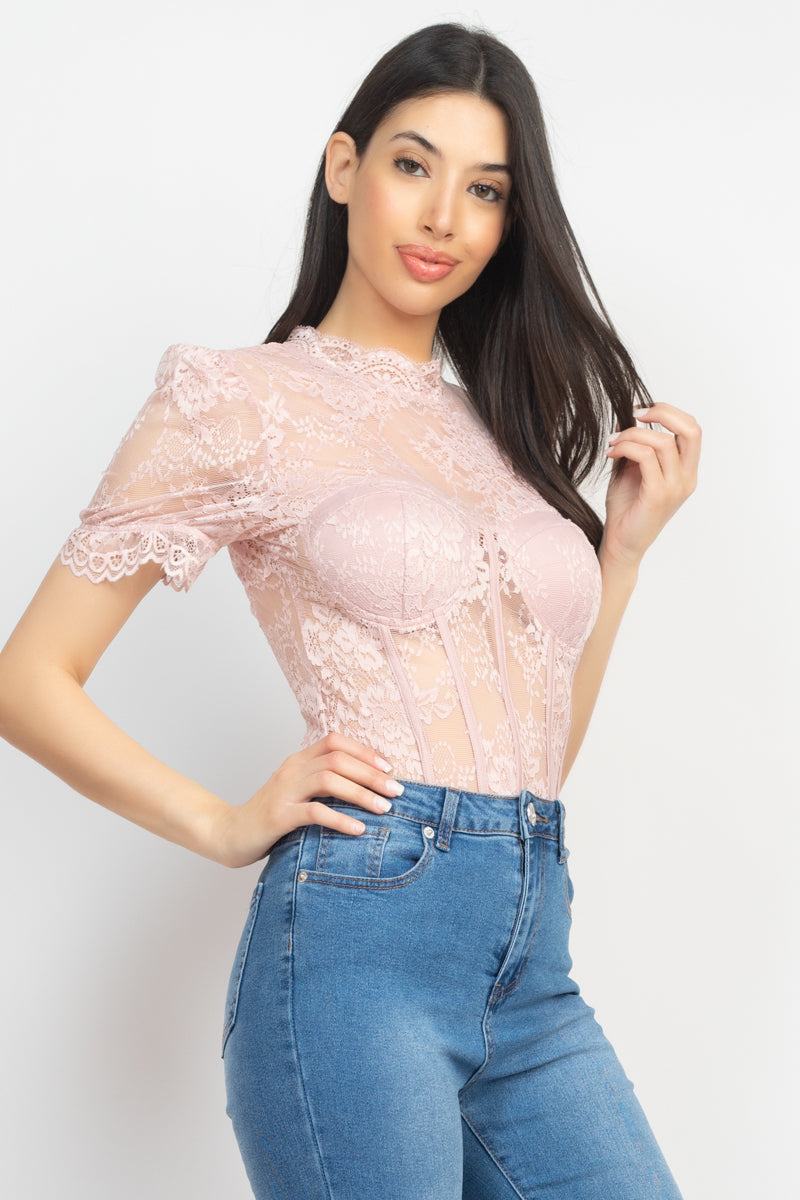 Women's Floral Lace Corset Keyhole Bodysuit