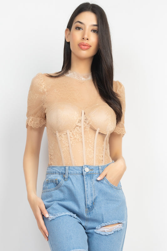 Women's Floral Lace Corset Keyhole Bodysuit