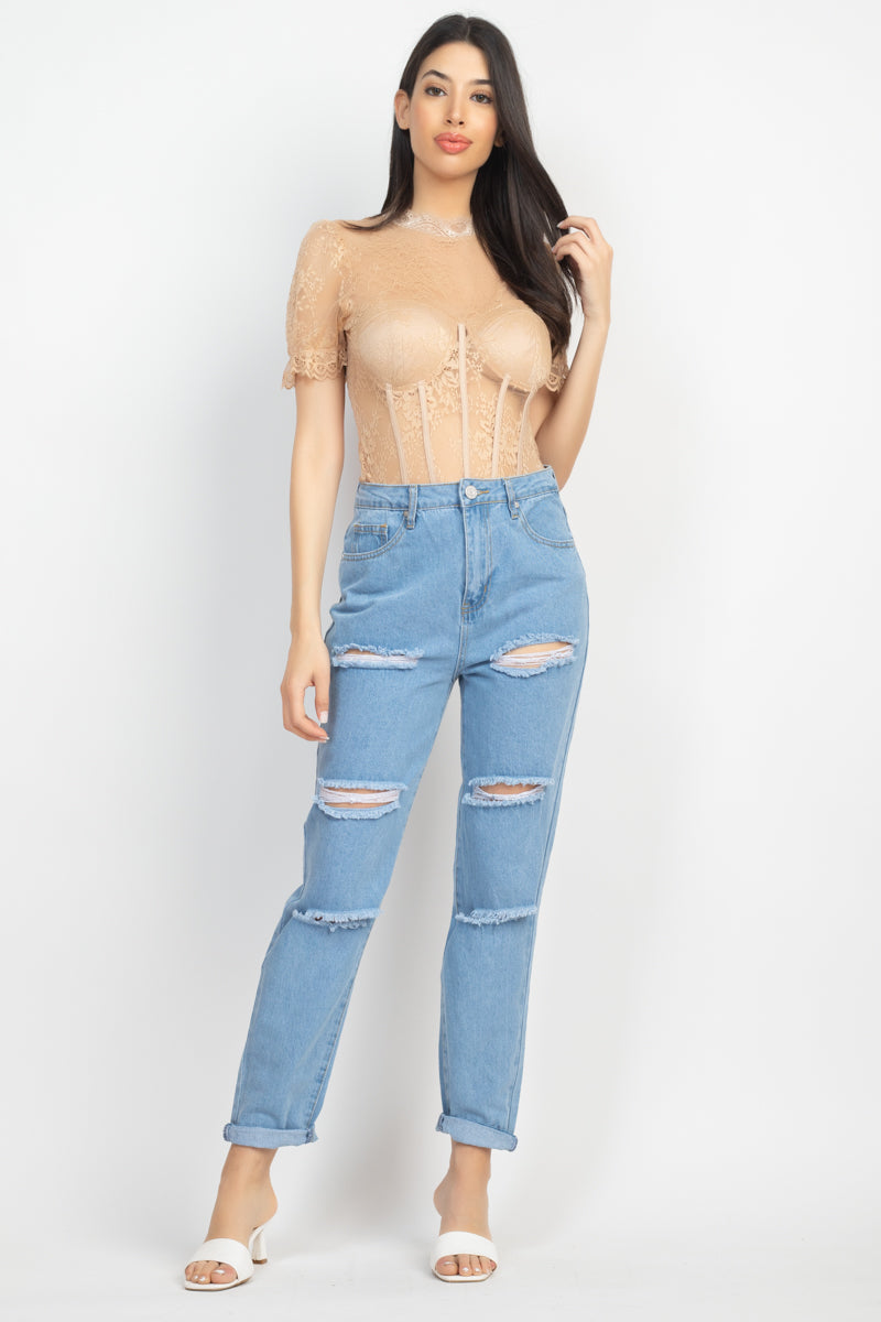 Women's Floral Lace Corset Keyhole Bodysuit
