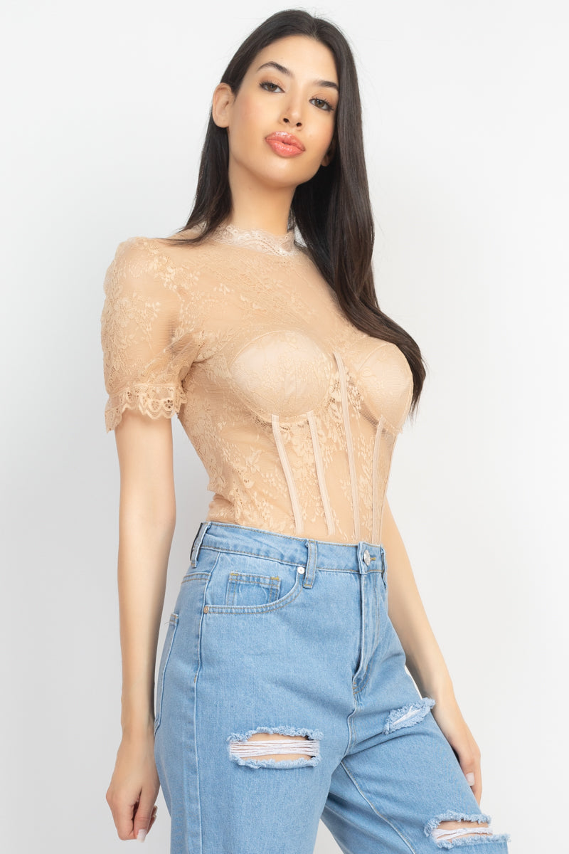 Women's Floral Lace Corset Keyhole Bodysuit