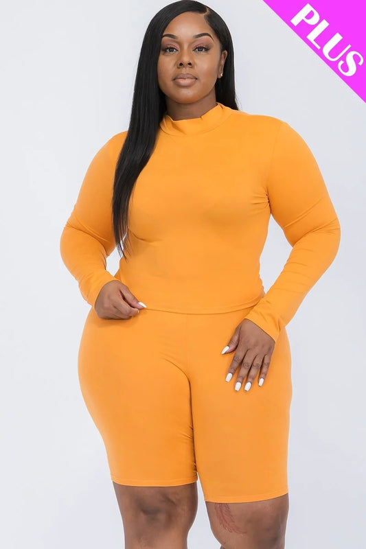 Women's Plus Mock Neck Top & Biker Shorts Set