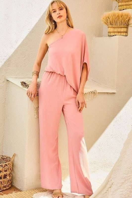 Women's One Shoulder 3/4 Sleeve Unbalanced Waist Elastic Solid Pants Jumpsuit