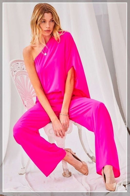 Women's One Shoulder 3/4 Sleeve Unbalanced Waist Elastic Solid Pants Jumpsuit