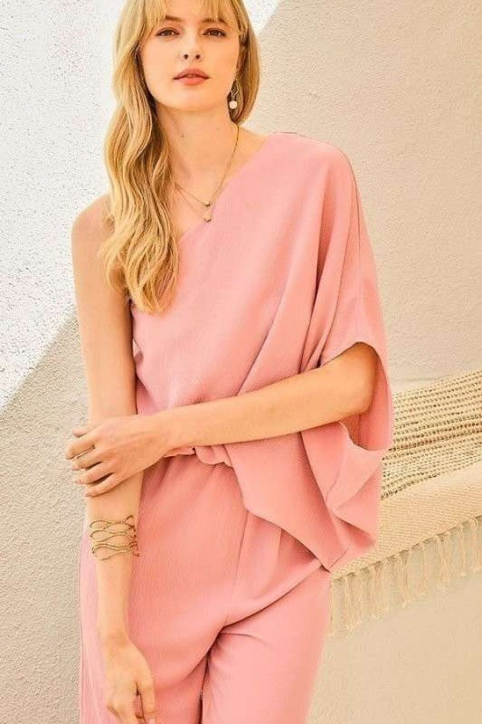 Women's One Shoulder 3/4 Sleeve Unbalanced Waist Elastic Solid Pants Jumpsuit