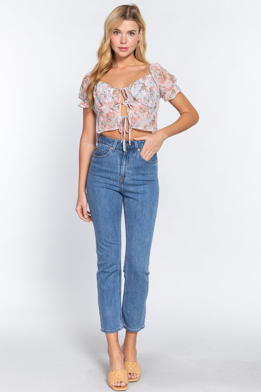 Women's Short Sleeve Shirring Satin Crop Top