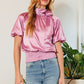 Women's Short Sleeve Shirring Satin Crop TopWaist Smocked Solid Satin Blouse