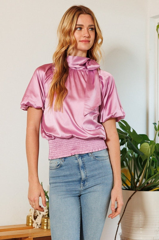 Women's Short Sleeve Shirring Satin Crop TopWaist Smocked Solid Satin Blouse