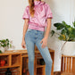 Women's Short Sleeve Shirring Satin Crop TopWaist Smocked Solid Satin Blouse