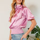 Women's Short Sleeve Shirring Satin Crop TopWaist Smocked Solid Satin Blouse