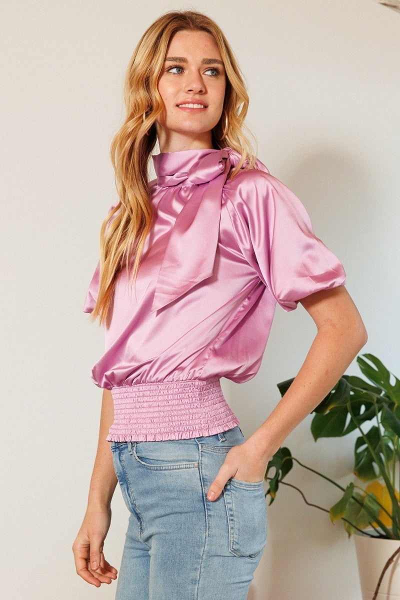 Women's Short Sleeve Shirring Satin Crop TopWaist Smocked Solid Satin Blouse