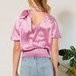 Women's Short Sleeve Shirring Satin Crop TopWaist Smocked Solid Satin Blouse