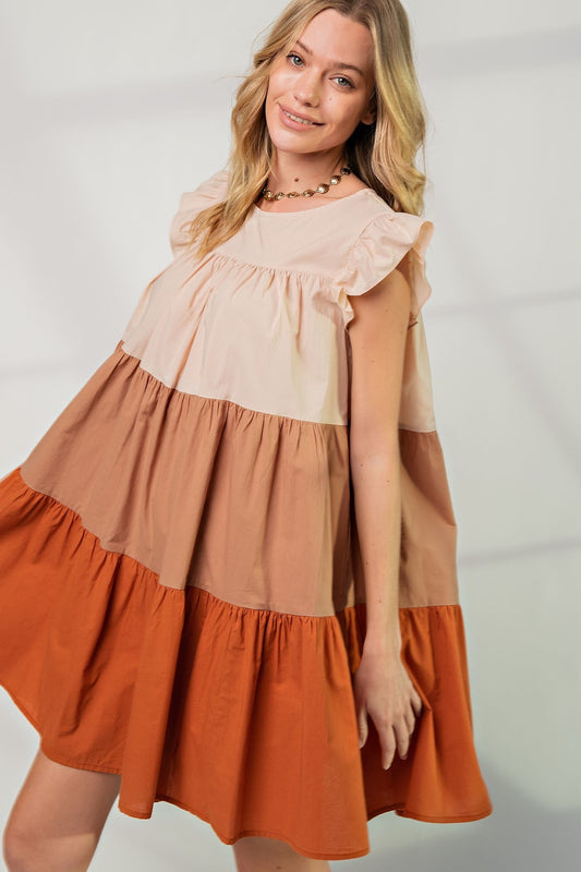 Women's Short Sleeve Shirring Satin Crop TopPoplin Tiered Color Block Dress