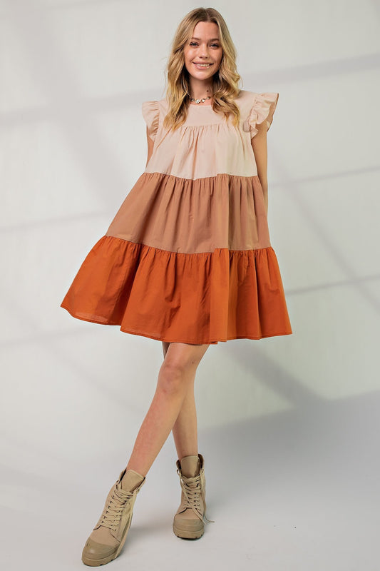 Women's Short Sleeve Shirring Satin Crop TopPoplin Tiered Color Block Dress