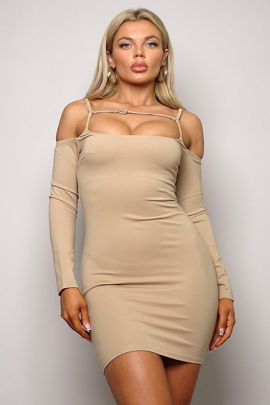 Women's Long Sleeve Cuff Front Strap Mini Dress