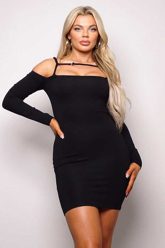 Women's Long Sleeve Cuff Front Strap Mini Dress
