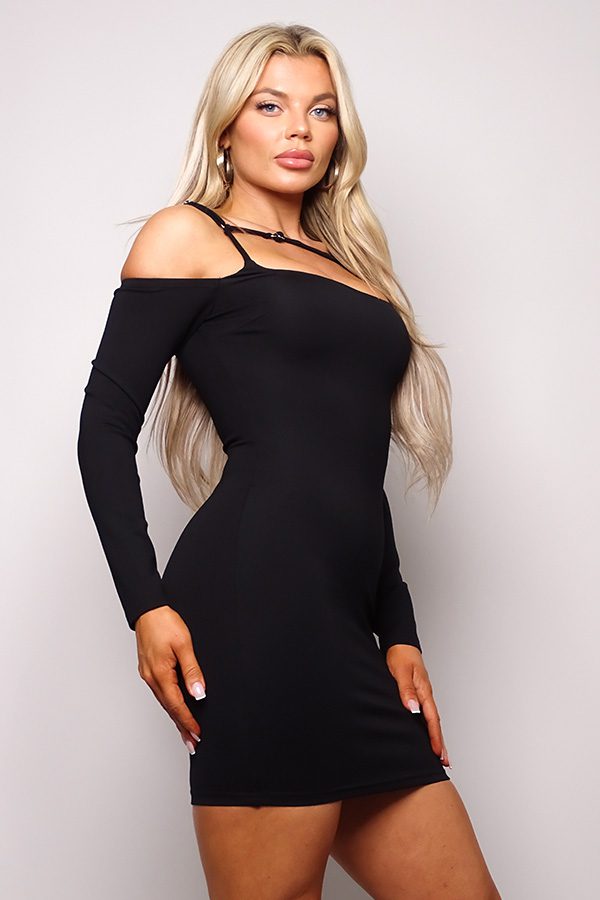 Women's Long Sleeve Cuff Front Strap Mini Dress